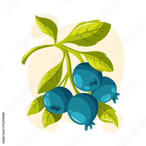 Vector blueberries with green leaves. Cartoon berries for food design, garden harvest, healthy lifestyle and summer decoration.