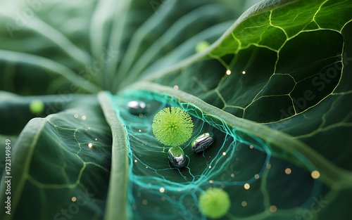 Close up of green leaf with veins and spherical objects in a bright green environment