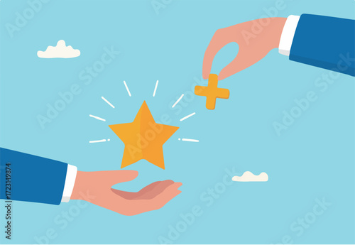 Value added, increase value or price of product to make profit, additional advantage or development for more benefit concept, businessman hand holding star value and another added plus sign to it.