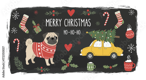 Festive holiday joy features a pug in a sweater and a vintage car carrying a Christmas tree for a heartwarming holiday season