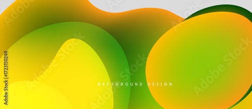 Abstract fluid shapes, vibrant yellow, orange, green gradients. Modern design, smooth curves, dynamic composition. Background element.