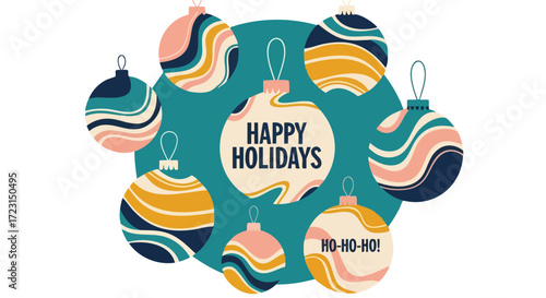 Happy Holidays greetings with retro Christmas ornaments, a vibrant and cheerful seasonal design for festive campaigns