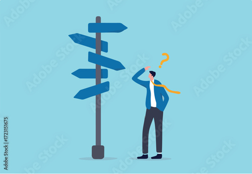 Business decision making, career path, work direction or leadership to choose the right way to success concept, confusing businessman manager looking at multiple road sign and thinking which way to go