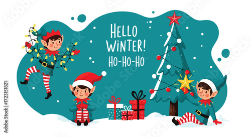 Adorable elves celebrating winter holidays with gifts and Christmas tree in a whimsical festive scene that brings joy and cheer to everyone