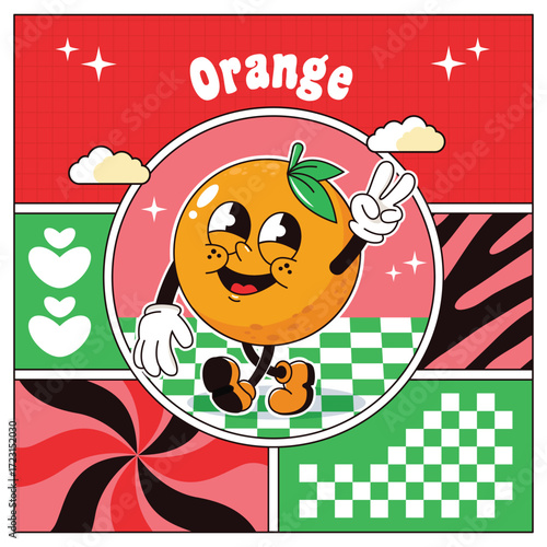 Vintage groovy mascot orange fruit square banner