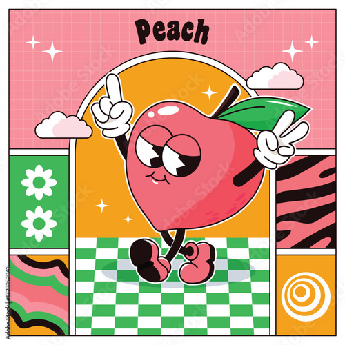 Vintage groovy mascot peach square banner