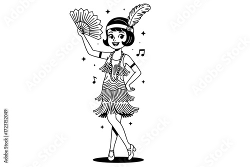 Vintage flapper girl dancing with feathers in 1920s style dress and headband. Clipart image.