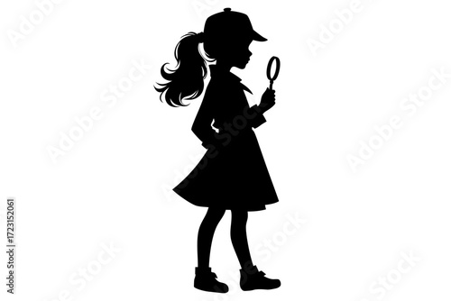 Young girl detective silhouette holding magnifying glass. Clipart image.