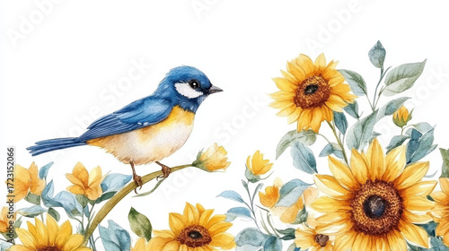 Sunny Serenade: A vibrant watercolour painting depicts a cheerful bird perched on a floral branch, harmonizing with sunny sunflowers in full bloom, celebrating the spirit of summer.