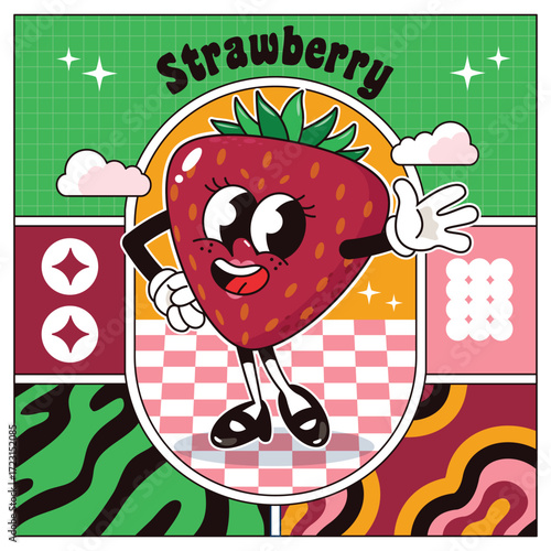 Vintage groovy mascot strawberry square banner