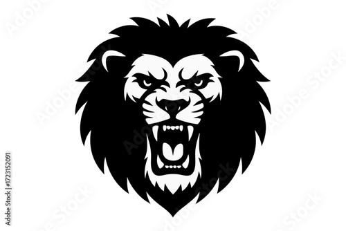 Black and white lion head logo with fierce expression. Clipart image.