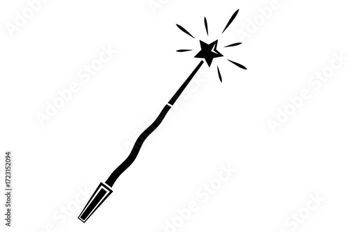 Black silhouette of magic wand with sparkling star. Clipart image.