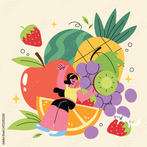 Flat Cartoon Illustration of Girl Sitting Around Fruits Like Orange, Grape, Apple, Watermelon, and Strawberry in Colorful Composition