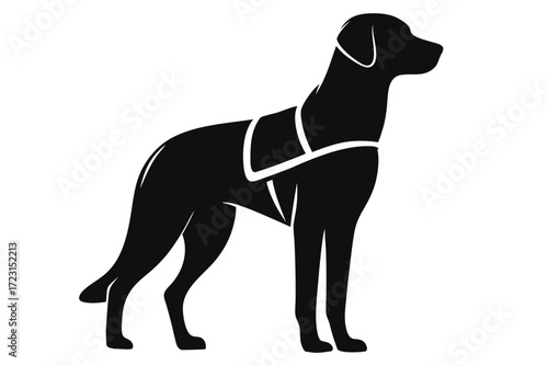 Silhouette of service dog in harness side view isolated on white. Clipart image.