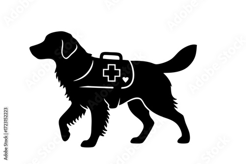 Black silhouette of service dog wearing medical assistance vest. Clipart image isolated on background.