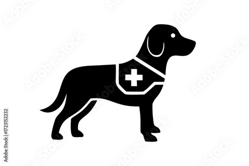 Black service dog icon with medical cross on harness. Clipart image isolated on background.