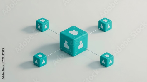 Cloud Computing Network: Conceptual visualization of cloud computing network, with central hub connecting multiple units