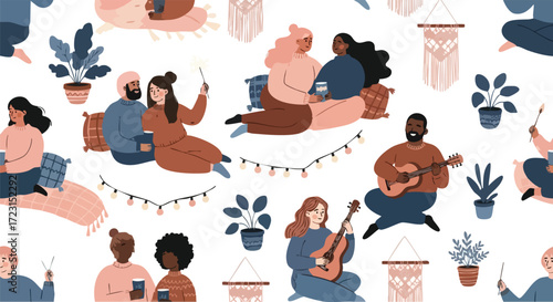 Joyful friends celebrating cozy moments with sparklers and acoustic guitar, embracing togetherness and simple pleasures
