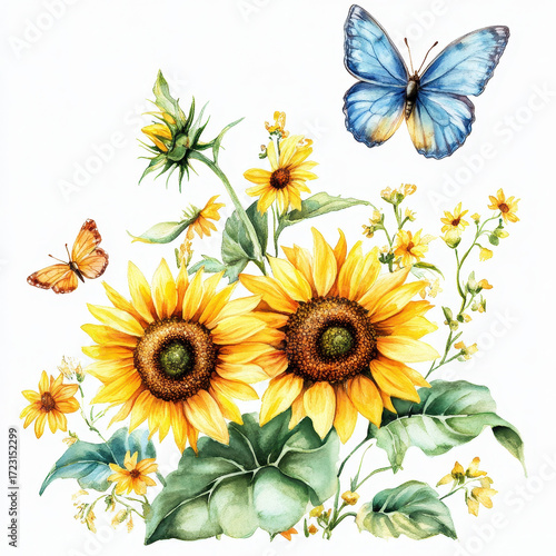 Golden Blooms and Fluttering Wings: A watercolor painting of vibrant sunflowers and delicate butterflies, capturing the beauty of a sunny summer day.