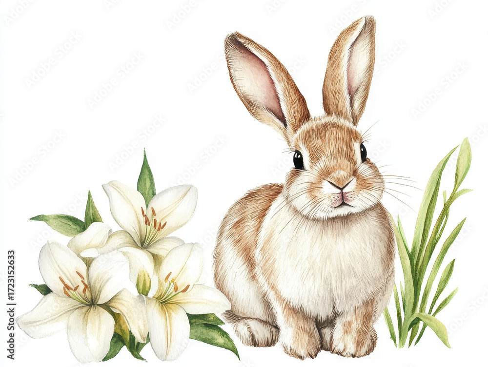 Obraz premium Watercolor Bunny with Lily Flowers: An adorable bunny rabbit with fluffy fur sits gracefully alongside vibrant white lily flowers and blades of grass, presenting a charming spring composition.