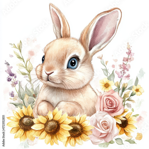Cute Bunny Amidst Floral Splendor: A charming, cartoon-style bunny with captivating blue eyes is nestled amongst a colorful array of blossoms, evoking joy and innocence.