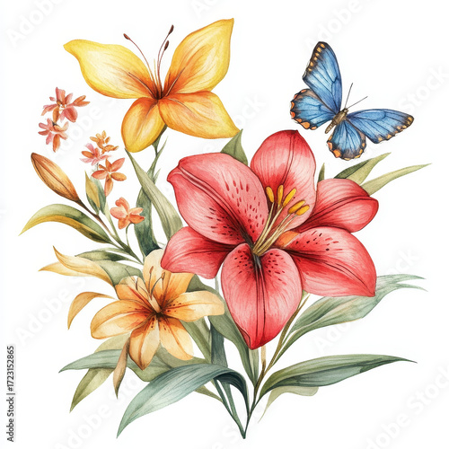 Floral Serenity: A vibrant watercolor showcases a breathtaking arrangement of lilies, butterflies, and blossoms, evoking a sense of spring's delicate beauty.