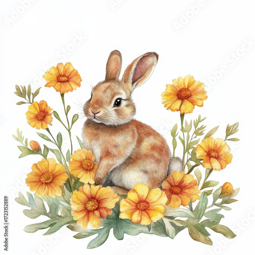 Easter Bunny amidst Blossoms: An adorable illustration of a brown bunny rabbit is delicately positioned amongst vibrant orange blossoms, evoking a sense of spring and charm. 