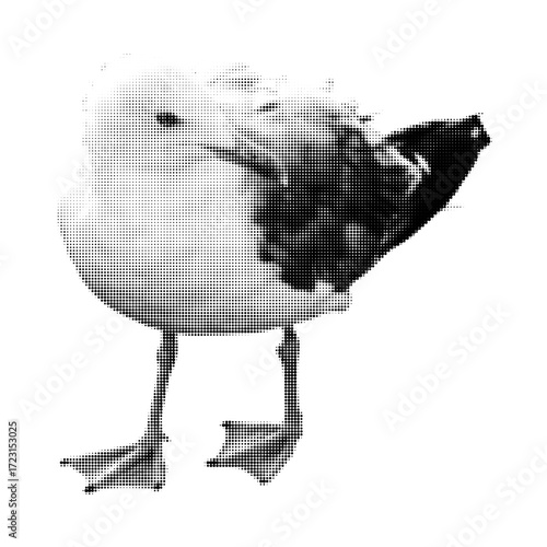 Halftone collage of a seagull, paper clipping shapes with torn edges, modern retro grunge mixed media illustration, pop art sticker style on bright yellow background.