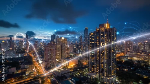 Wallpaper Mural Dense city skyline at night, illuminated with connected communication network lights Torontodigital.ca