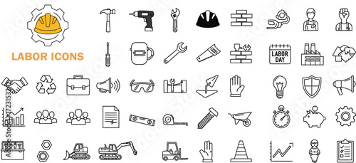 Comprehensive Collection of Labor and Construction Icons Representing Various Tools, Professions, and Concepts Associated with the Labor Industry