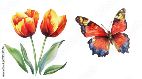 Watercolor Tulips and Butterfly: A vibrant illustration of two beautiful tulips and a colorful butterfly on a white background, highlighting the delicate beauty of nature's details.