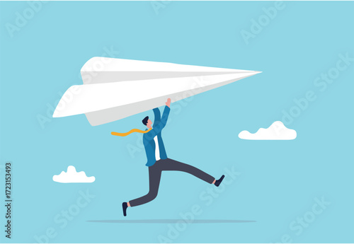 Start new business, startup or entrepreneurship, creativity and inspiration to achieve business success concept, ambitious businessman running about to throwing to launch big paper airplane origami.