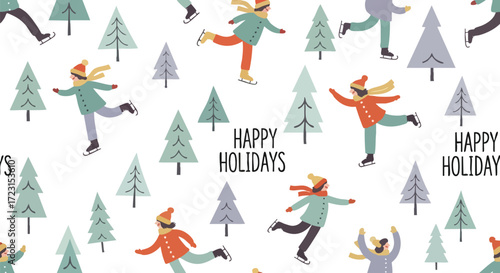 Joyful ice skaters celebrate winter holidays amidst whimsical pine trees, perfect for festive season designs