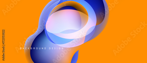 Abstract fluid shapes overlap, creating dynamic composition. Orange background contrasts with cool blue, purple hues. Modern design element.