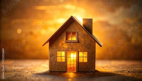 Miniature House Golden Illumination against Blurred Brown Background a Cinematic Winter Theme Depicting Warmth and Glow