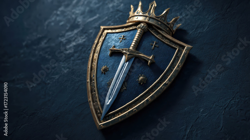 Hyper-realistic animation of a powerful 3D crest logo with a regal golden crown above a blue shield