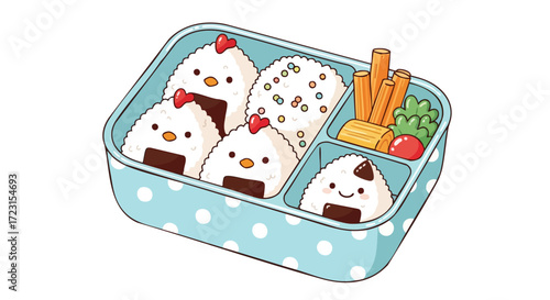 Adorable cartoon bento box filled with tasty rice balls, vegetables and fun snacks, perfect for lunchbox designs and cute food illustrations