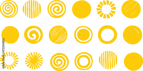 Collection of Yellow Circles and Abstract Shapes on White Background pattern