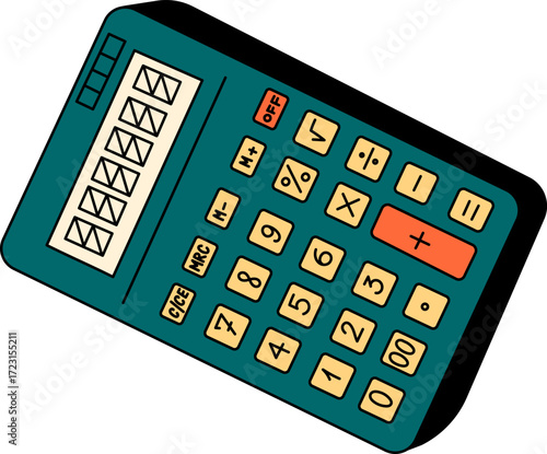 A teal calculator with a digital display and orange buttons