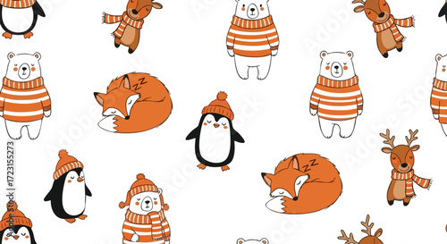 Adorable winter animals pattern featuring cozy bears, foxes, reindeer, and penguins perfect for festive holiday crafts and delightful seasonal designs