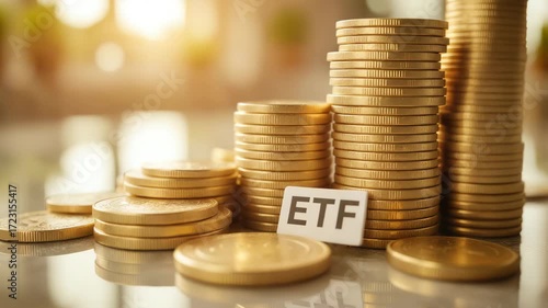 ETF Investment Growth Animation - Rising Golden Coin Stacks on Reflective Surface for Financial Services, Investment Education, and Wealth Management Content