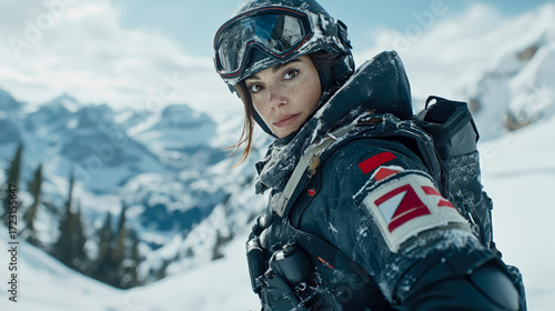Determined female operative in snow-covered tactical gear, helmet, and goggles gazes with intensity amidst vast, icy mountain range under cloudy sky.
