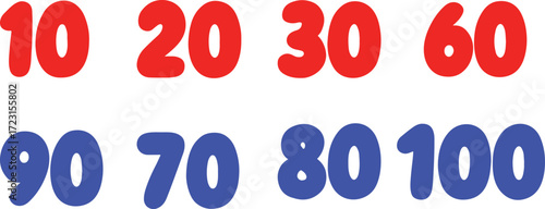 Red and Blue Numbers 10 Through 100 on Transparent Background vector