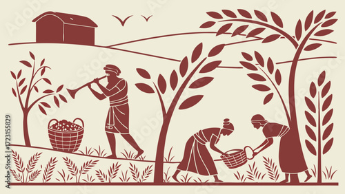 Ancient Harvest Scene Depicting Farmers Working in a Peaceful Landscape