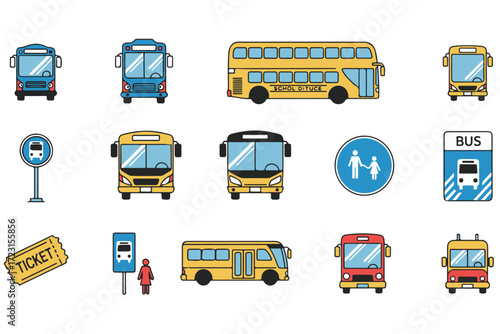 Colorful collection of bus icons and related elements, isolated on Transparent Background