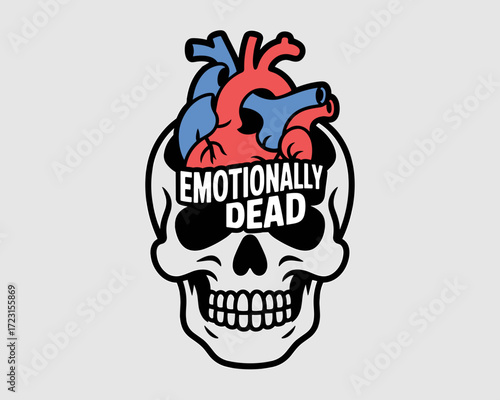 Skull illustration with hearts and text "Emotionally Dead" design  