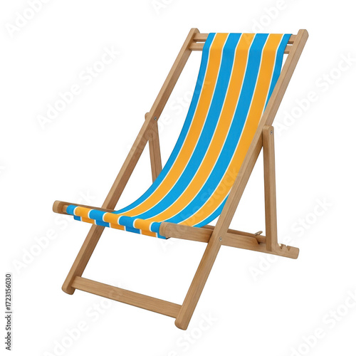 Brightly striped wooden beach deck chair for outdoor relaxation isolated on transparent background