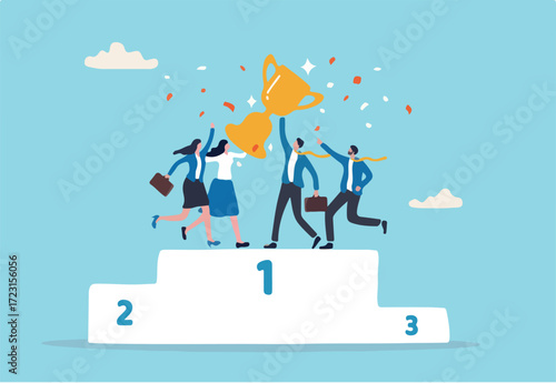 Team success win together, teamwork or collaboration to achieve goal together, group winner or team victory concept, businessman and businesswoman colleagues hold winning trophy on first place podium.