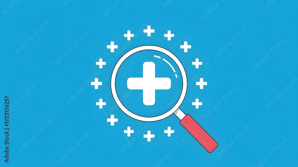 Fototapeta premium Plus sign symbol. Magnifying glass focusing on plus sign surrounded by small plus icons on blue background, symbolizing positivity, healthcare, benefits, growth, insurance, medical, and added value.