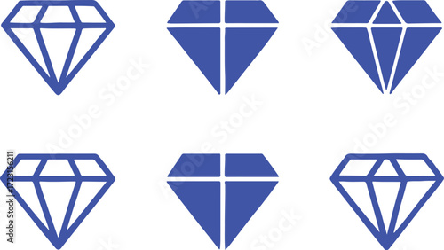 Six Blue Diamond Icons with Transparent Background jewel